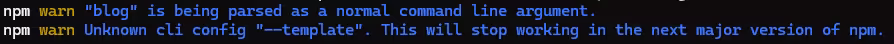 npm warnが表示されているターミナルのスクリーンショット